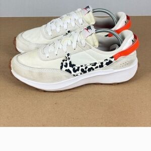 Nike Women's White Suede Runner with Black Leopard Swoosh and Orange Accent